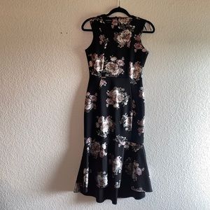 Bebe floral fitted mermaid flare midi dress